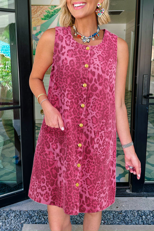 Leopard Print Button Front Sleeveless Shift Mini Dress