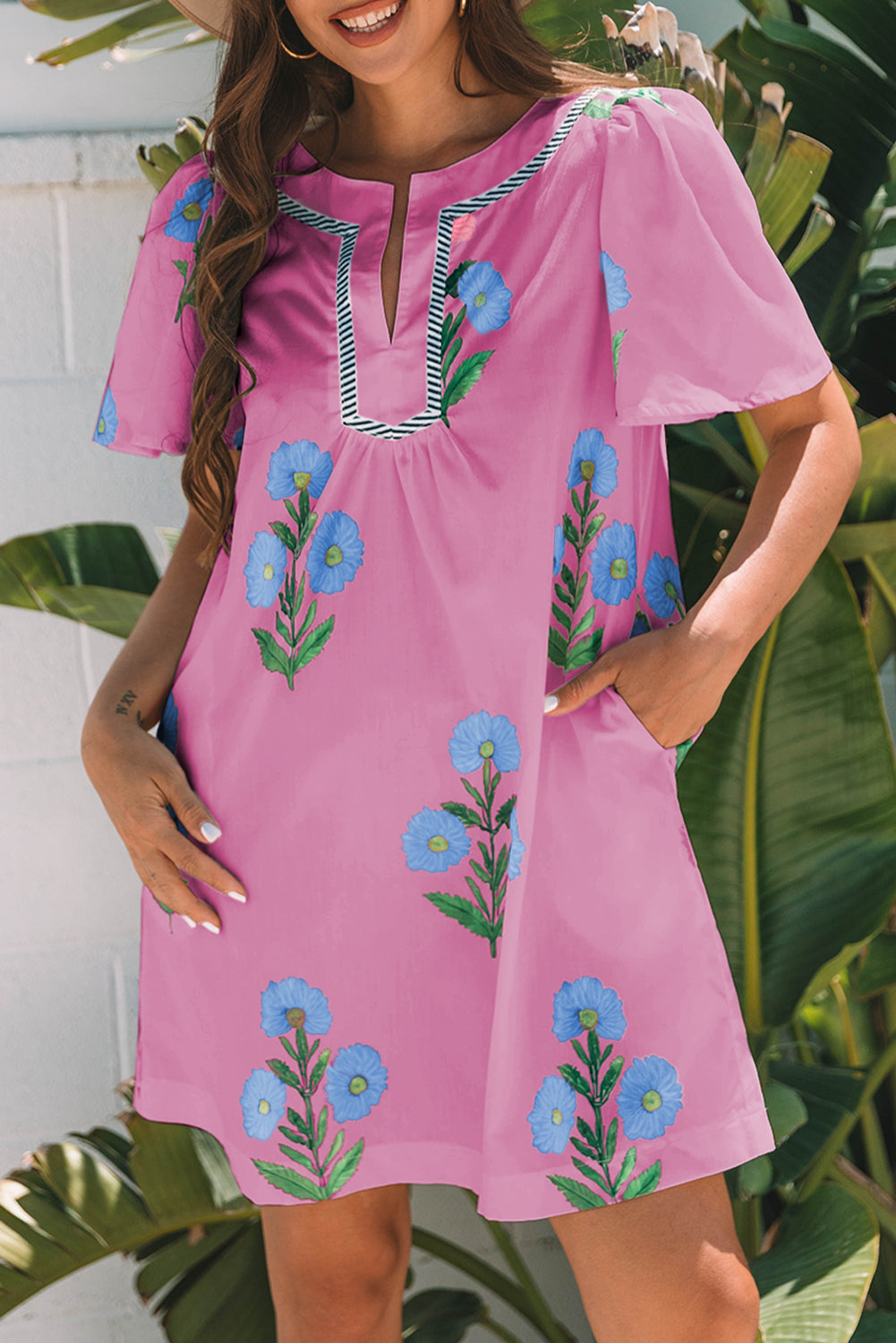 Easter Floral Split Neck Short Sleeve Mini Dress