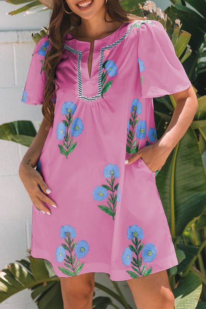 Easter Floral Split Neck Short Sleeve Mini Dress