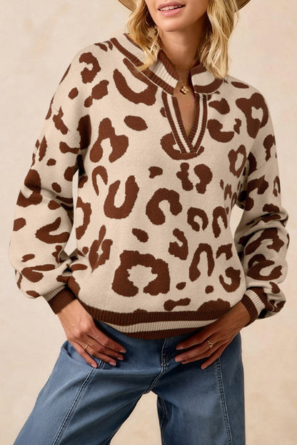 Leopard Print V Neck Sweater Casual Knit Pullover for Women