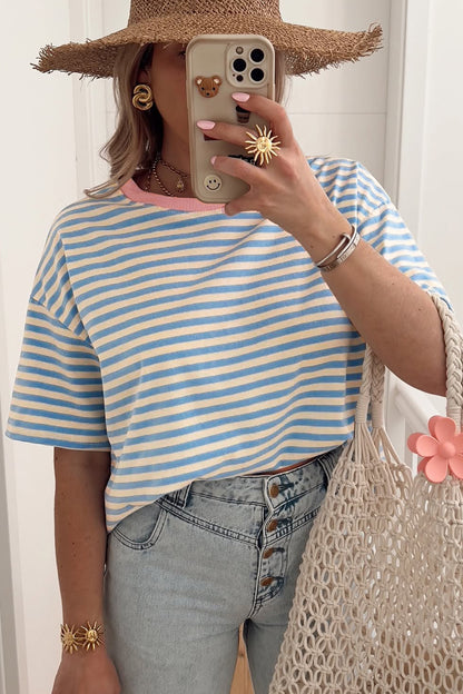 Sky Blue Striped Contrast Neck Drop Shoulder Loose Tee