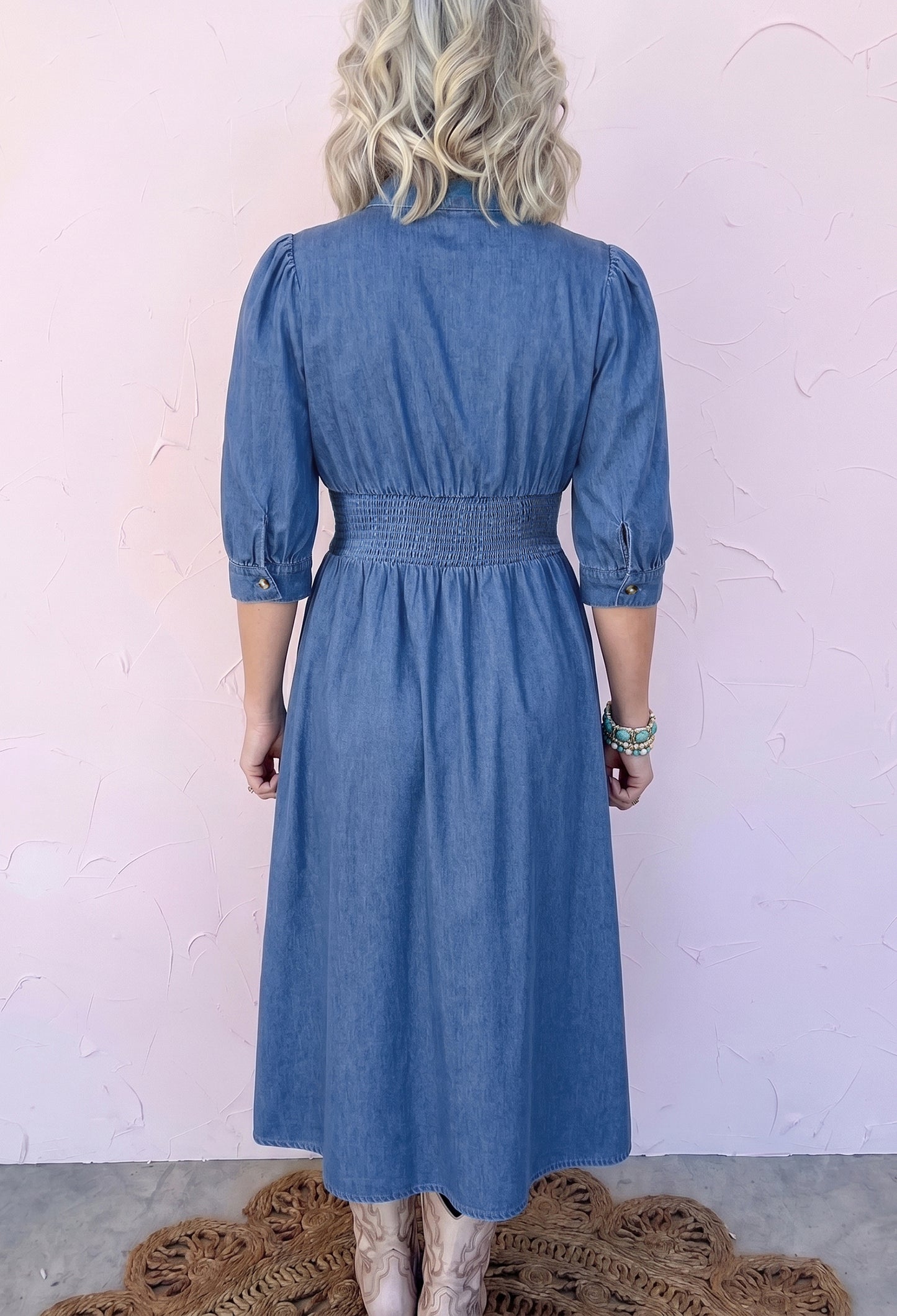 Denim Zip Front Smocked Waist Puff Sleeve Midi Dress