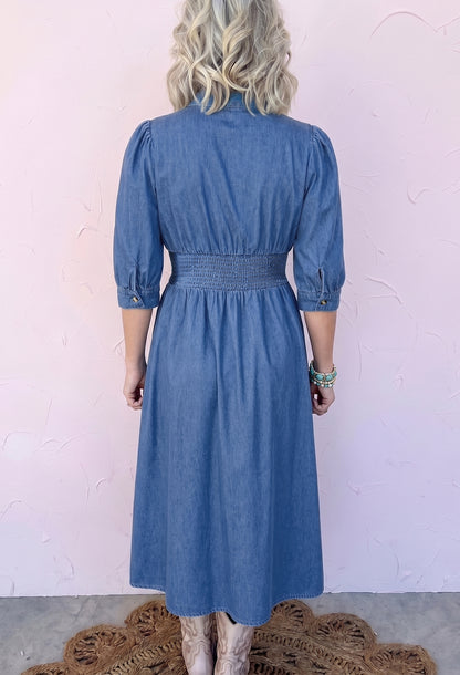 Denim Zip Front Smocked Waist Puff Sleeve Midi Dress