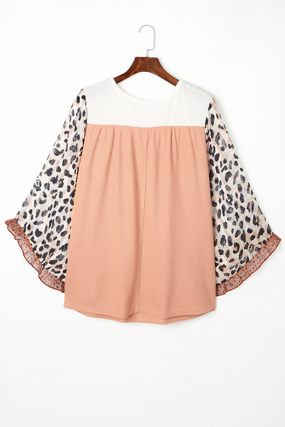 Khaki Printed Plus Ruffle Leopard Sleeve Waffled Color Block Top