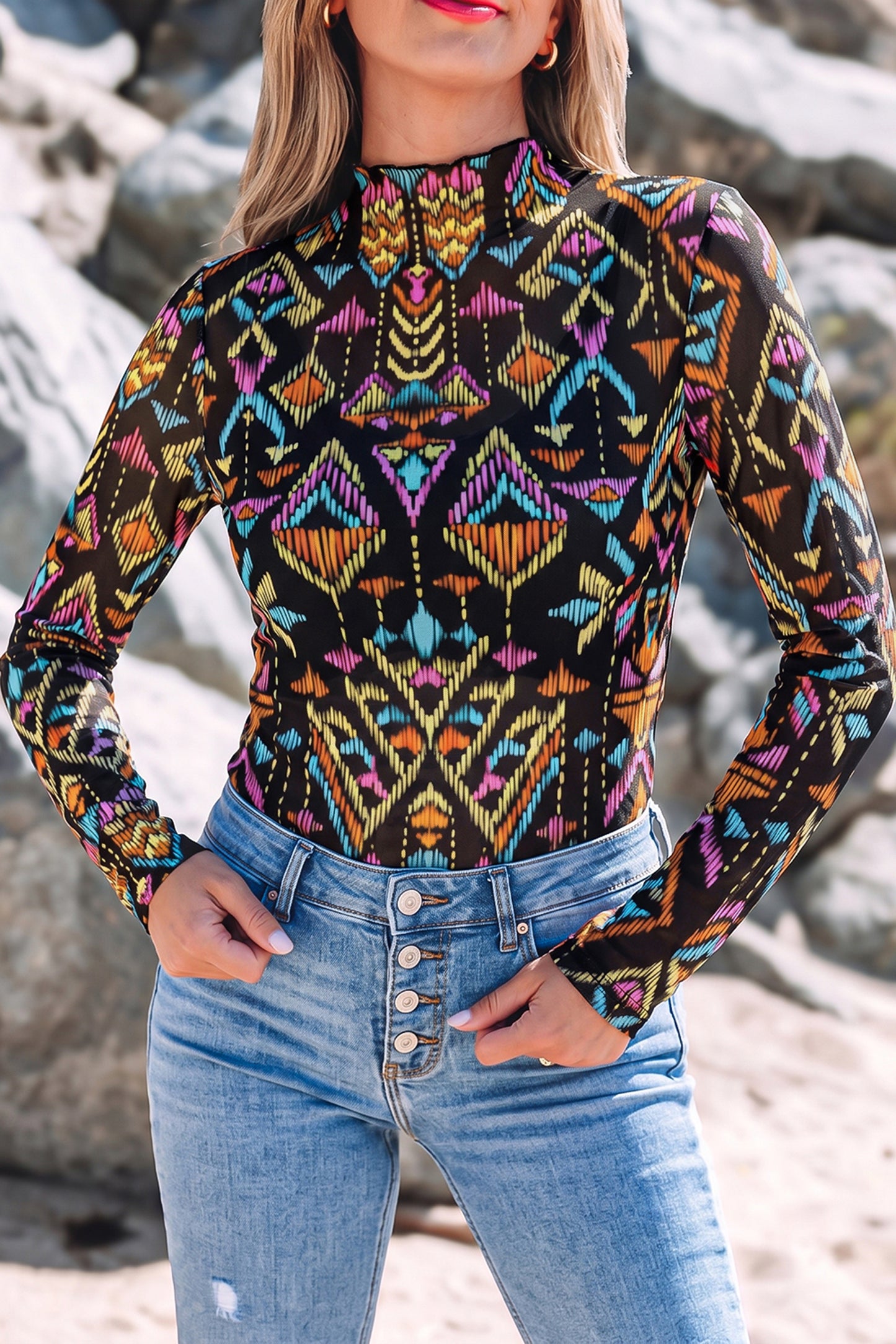 Abstract Print Mock Neck Mesh Long Sleeve Top