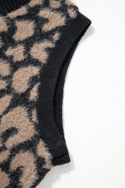 Western Leopard Print Knit Sweater Vest Button Cardigan