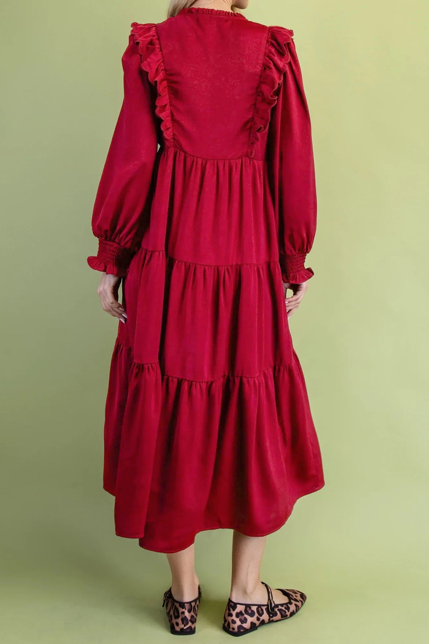 Red Ruffle V-Neck Long Sleeve Tiered Midi Dress