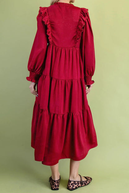 Red Ruffle V-Neck Long Sleeve Tiered Midi Dress