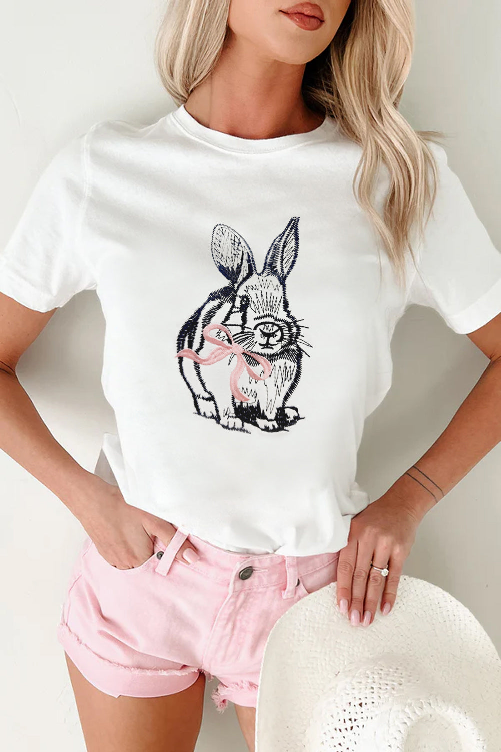 Easter Bunny Bow Embroidered White Casual Graphic Tee