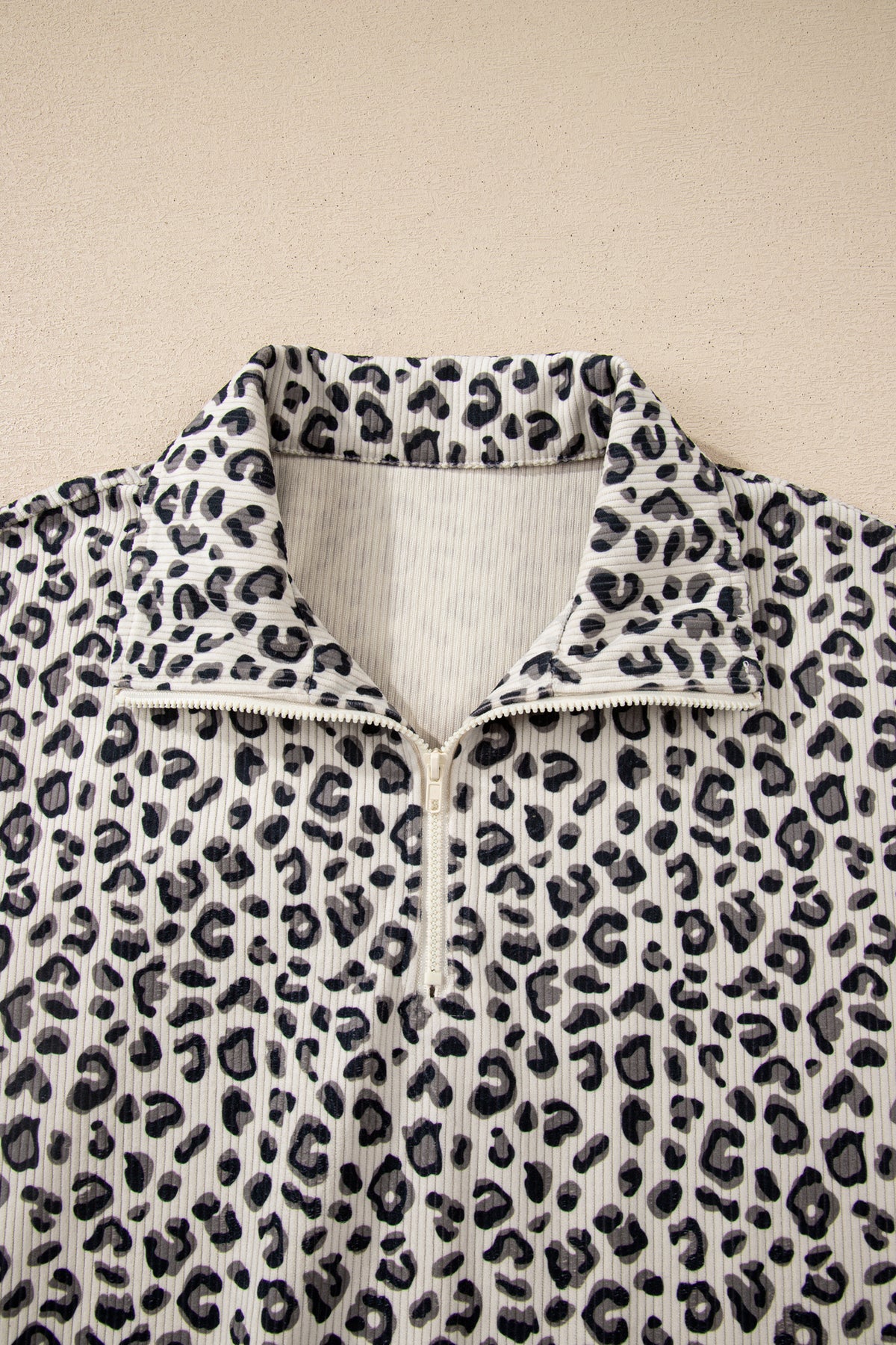 Leopard Print Quarter Zip Corduroy Pullover