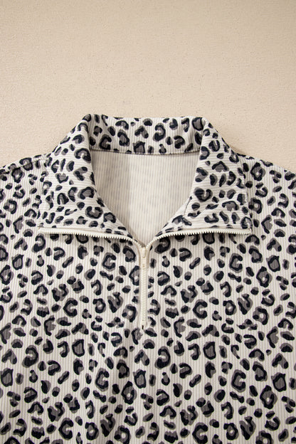 Leopard Print Quarter Zip Corduroy Pullover