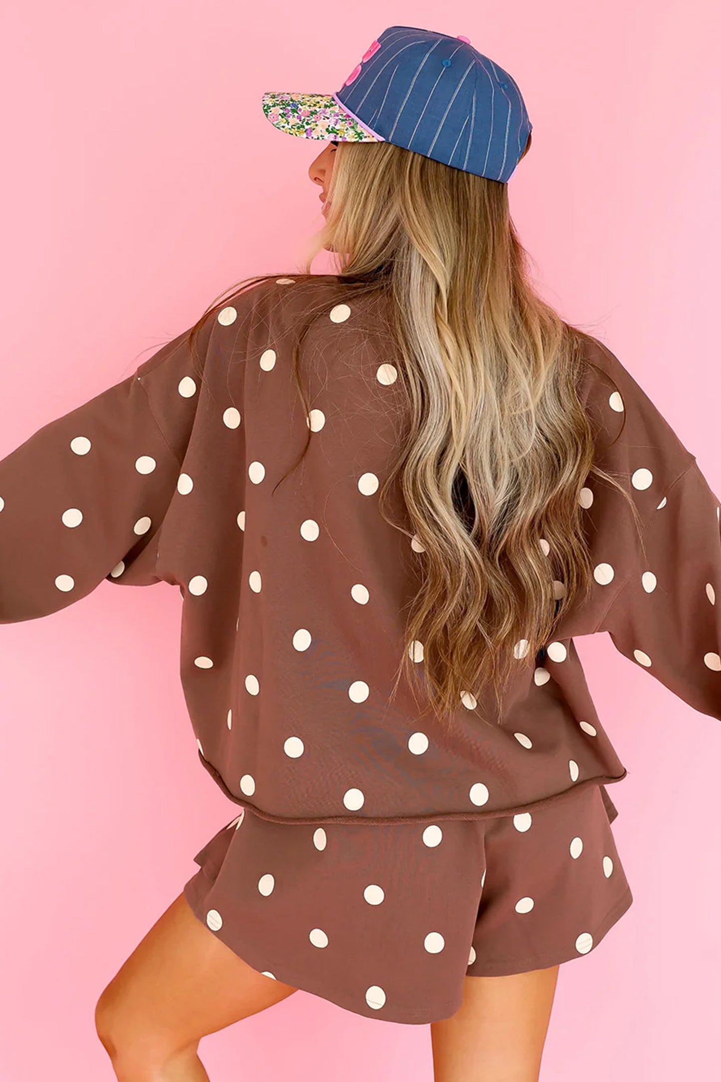Brown Polka Dot Sweatshirt Skort Two Piece Set