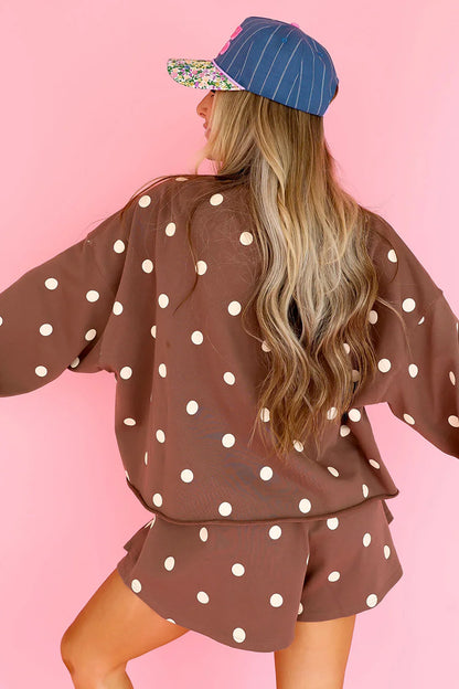Brown Polka Dot Sweatshirt Skort Two Piece Set