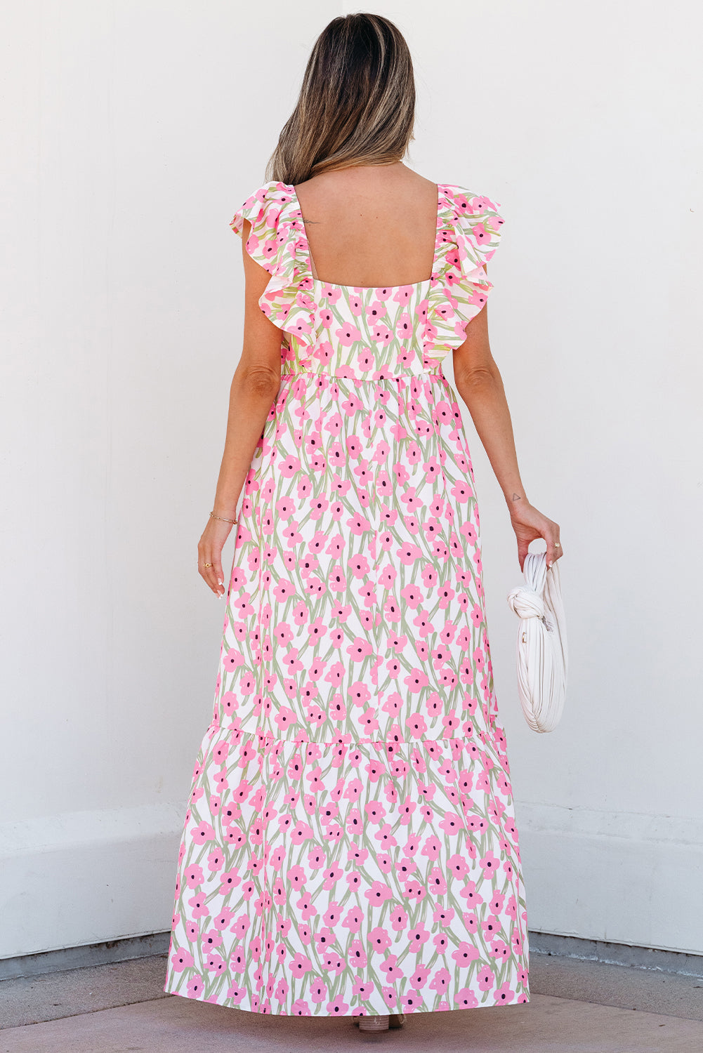 Pink Floral Square Neck Ruffle Sleeve Maxi Dress