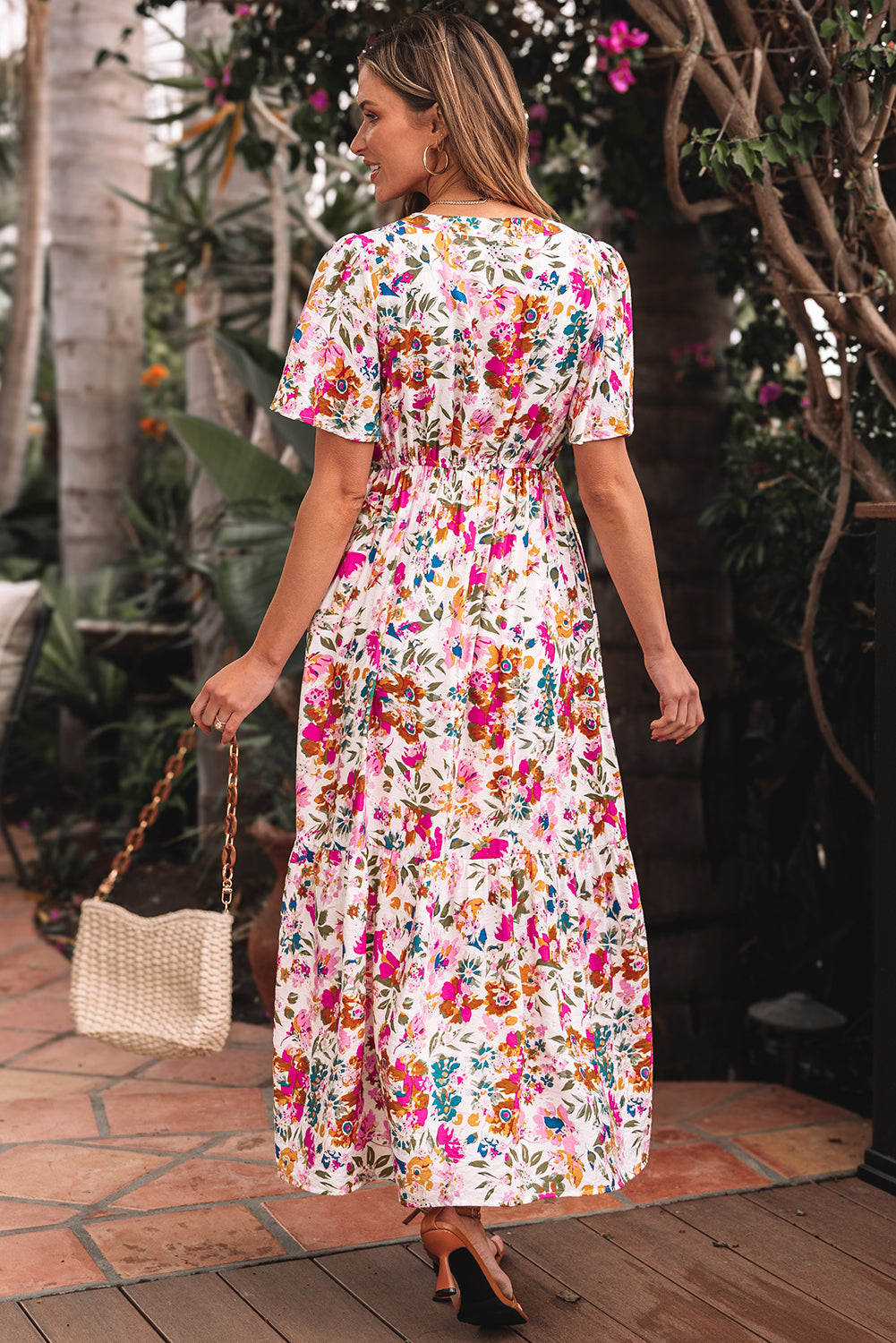 Easter Floral V Neck Short Sleeve Boho Maxi Dress
