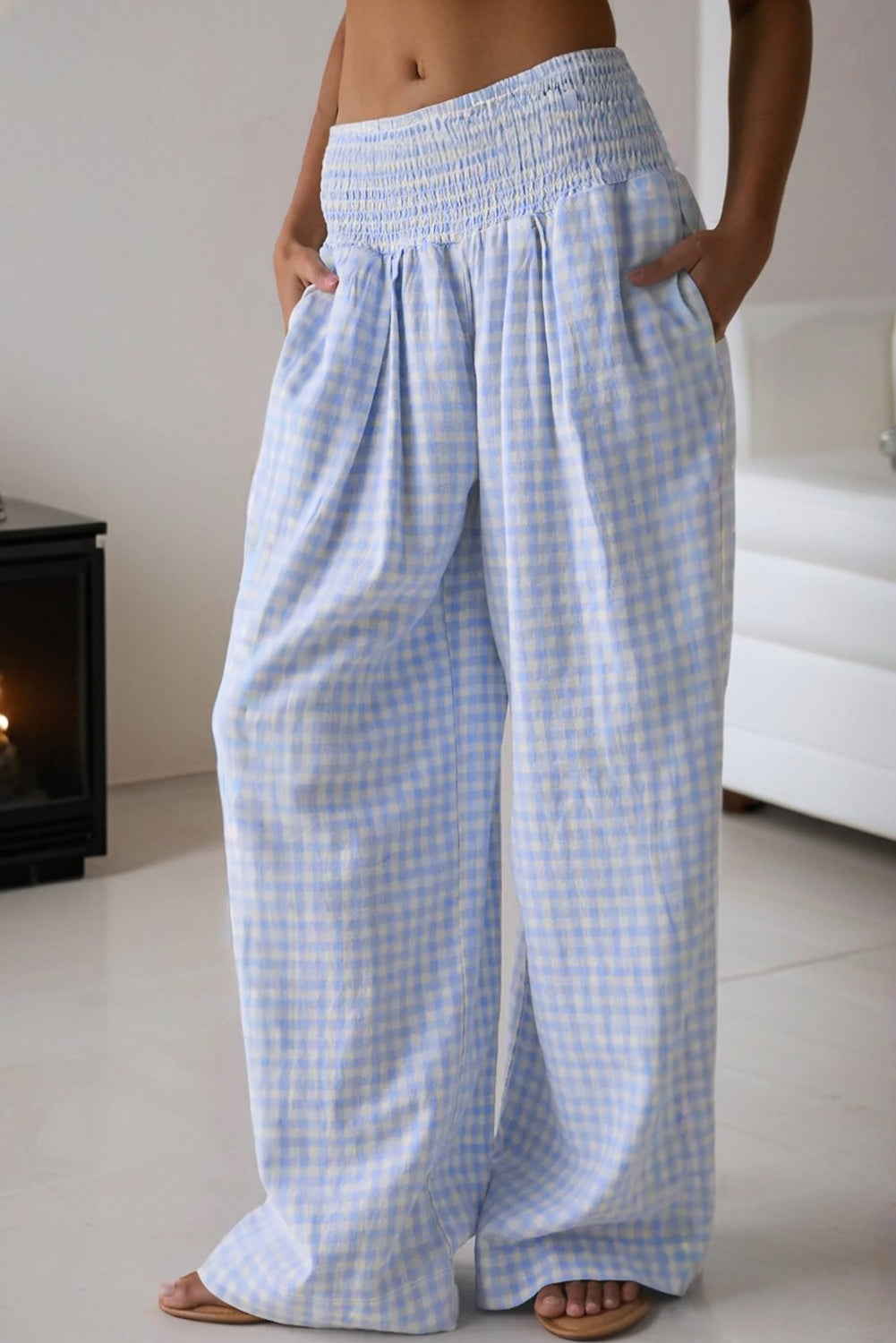 Plaid Smocked High Waist Wide Leg Casual Pants
