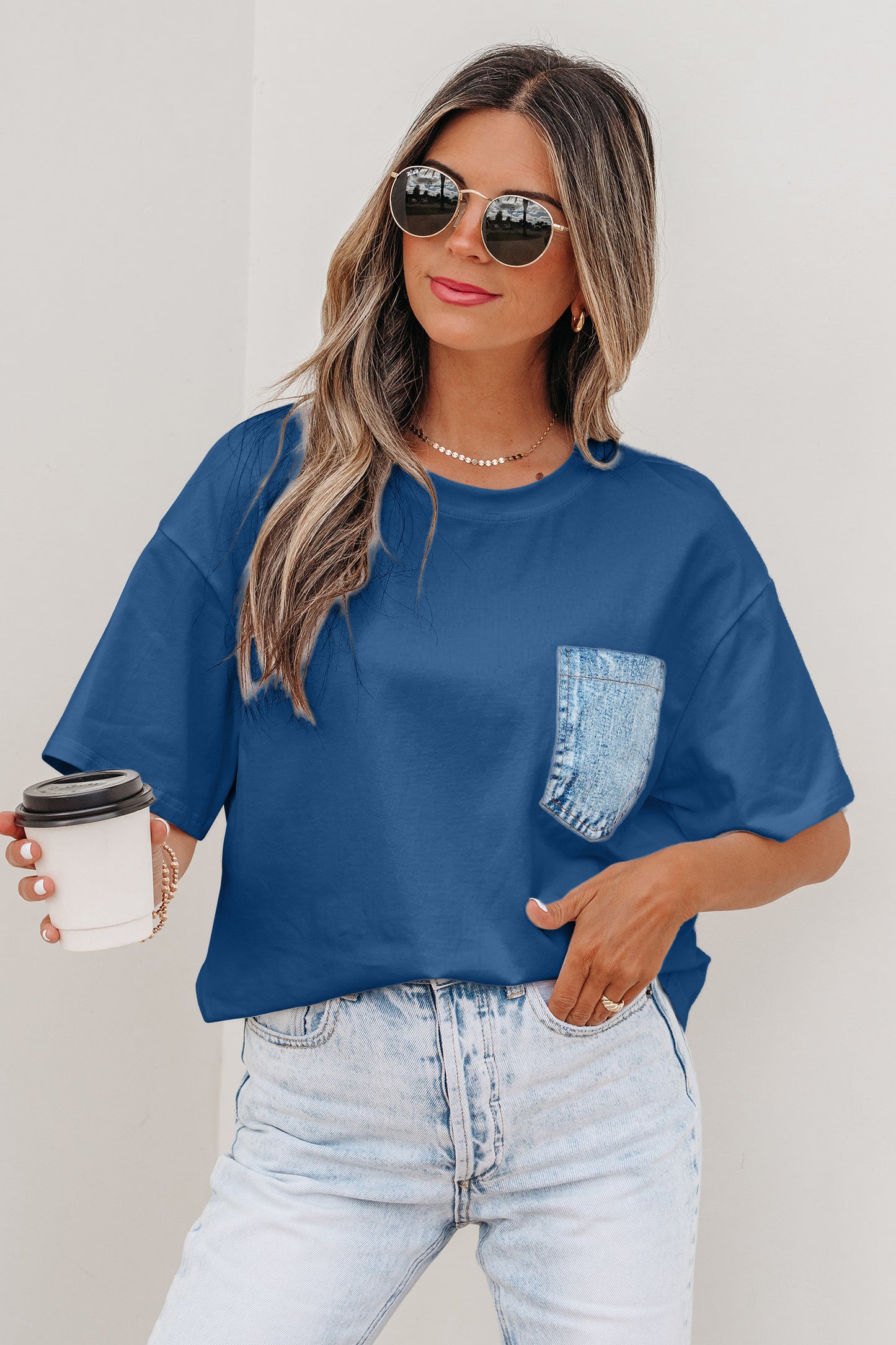 Pocket Tee Women Contrast Denim Pocket Casual T Shirt