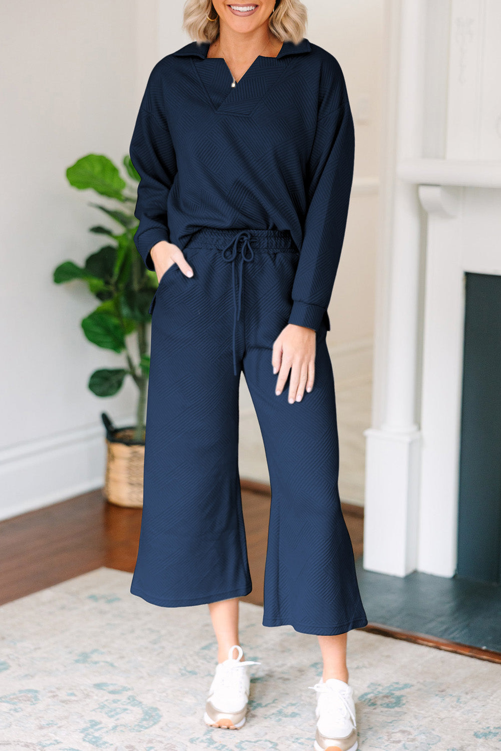 Solid Textured Collared V Neck Top and Wide Leg Pants Set