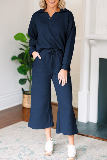 Solid Textured Collared V Neck Top and Wide Leg Pants Set