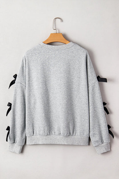 Merry Christmas Letter Graphic Ribbon Bow Split Sleeve Baggy Sweatshirt