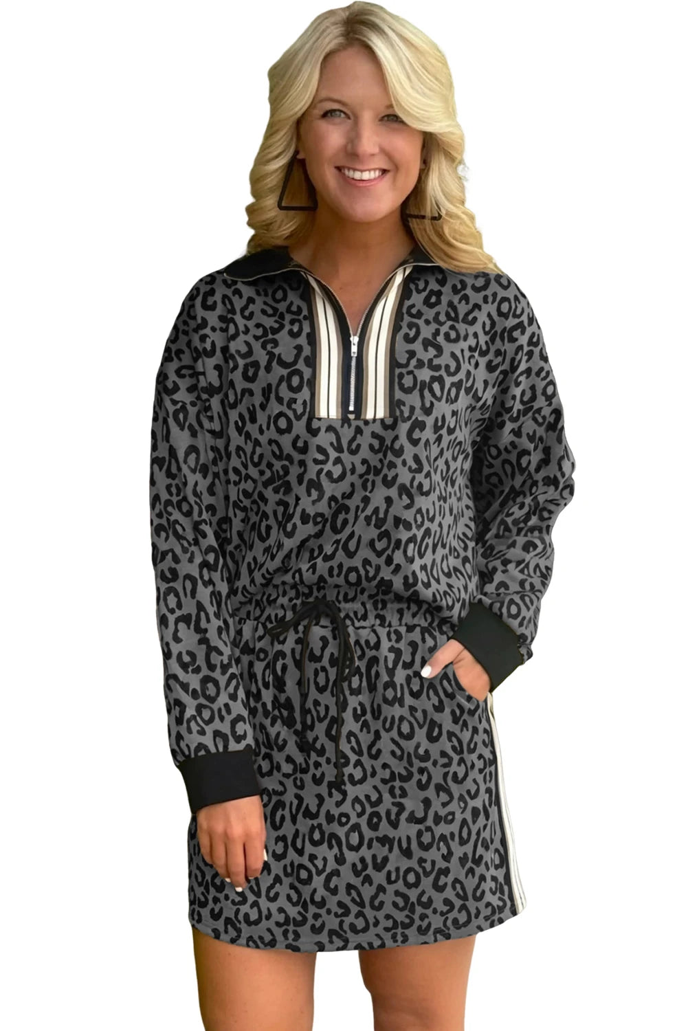 Jet Stream Leopard Print Quarter Zip Long Sleeve Top Drawstring Mini Skirt Varsity 2pcs Set