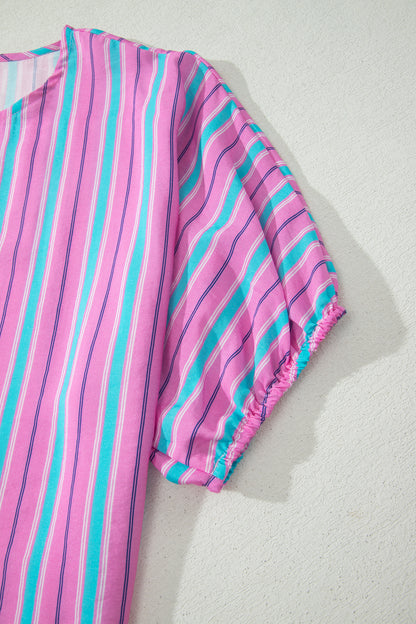 Pink Stripe Puff Sleeve Two Piece Shorts Set