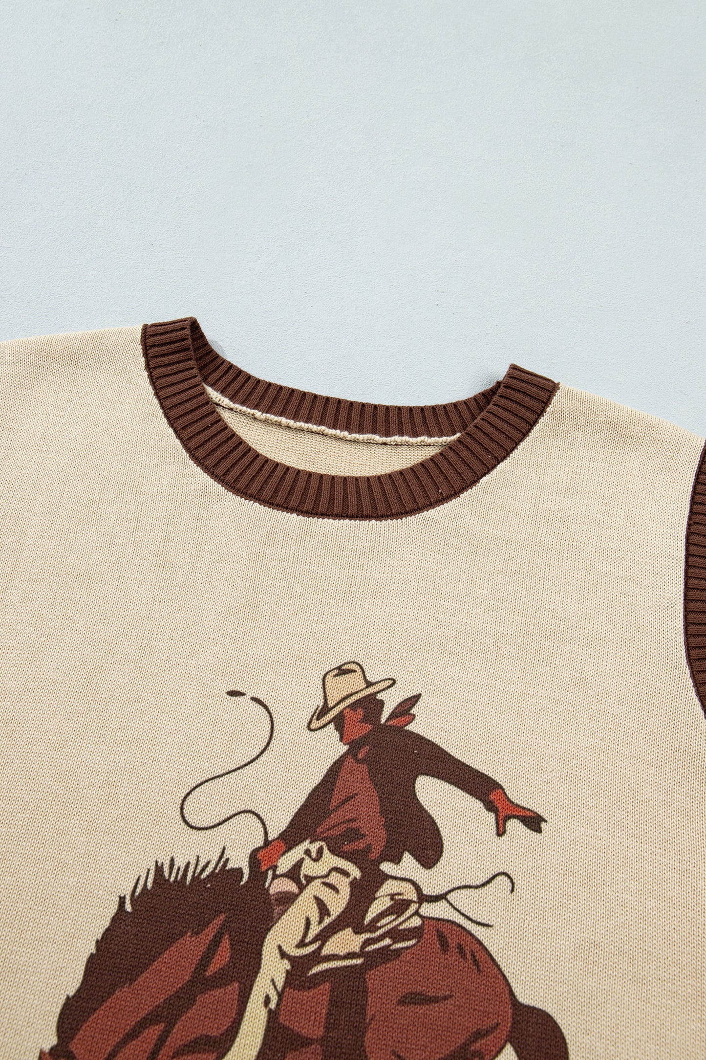 Khaki Western Cowboy Horse Print Knit Sweater Vest
