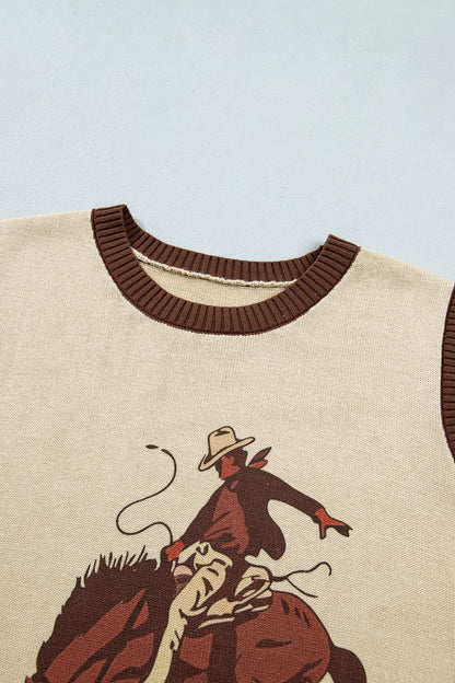 Khaki Western Cowboy Horse Print Knit Sweater Vest