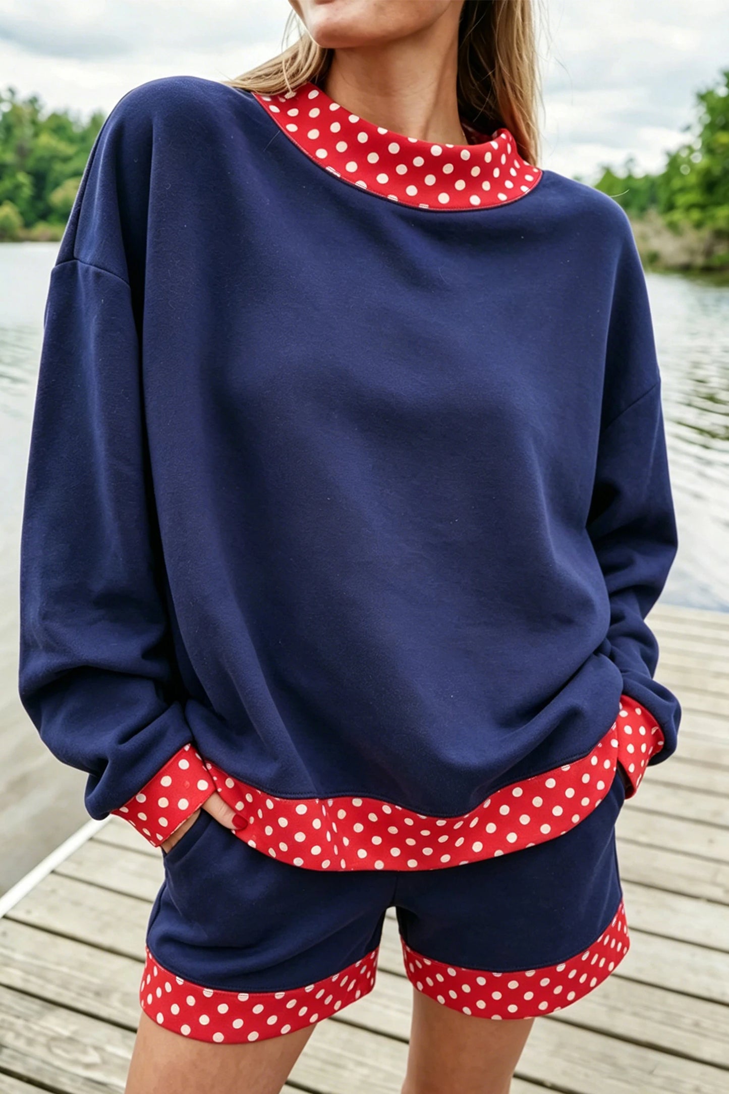 Red Gingham Trim Sweatshirt Shorts Two Piece Set