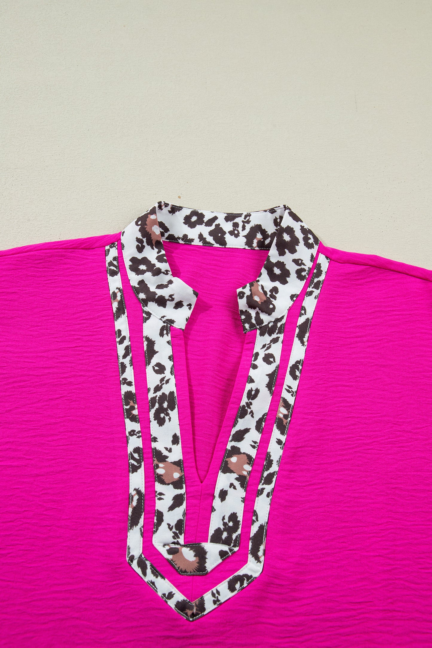 Rose Leopard Trim V Neck Dolman Sleeve Blouse Loose Fit Top