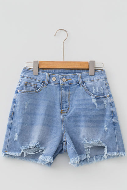 Sail Blue High-Waist Distressed Raw Hem Denim Shorts