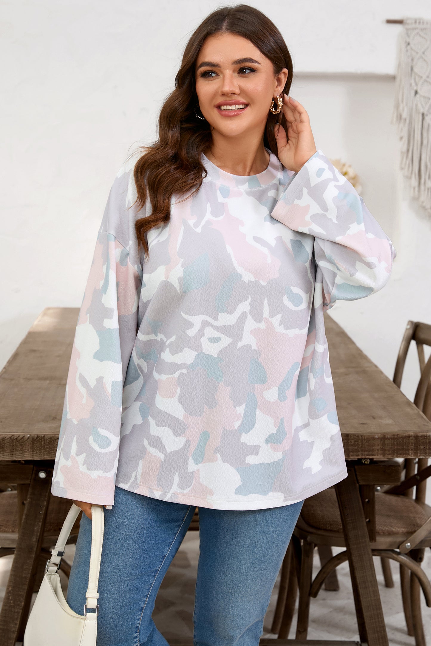 Plus Size Pink Green Camo Drop Shoulder Loose Pullover Top