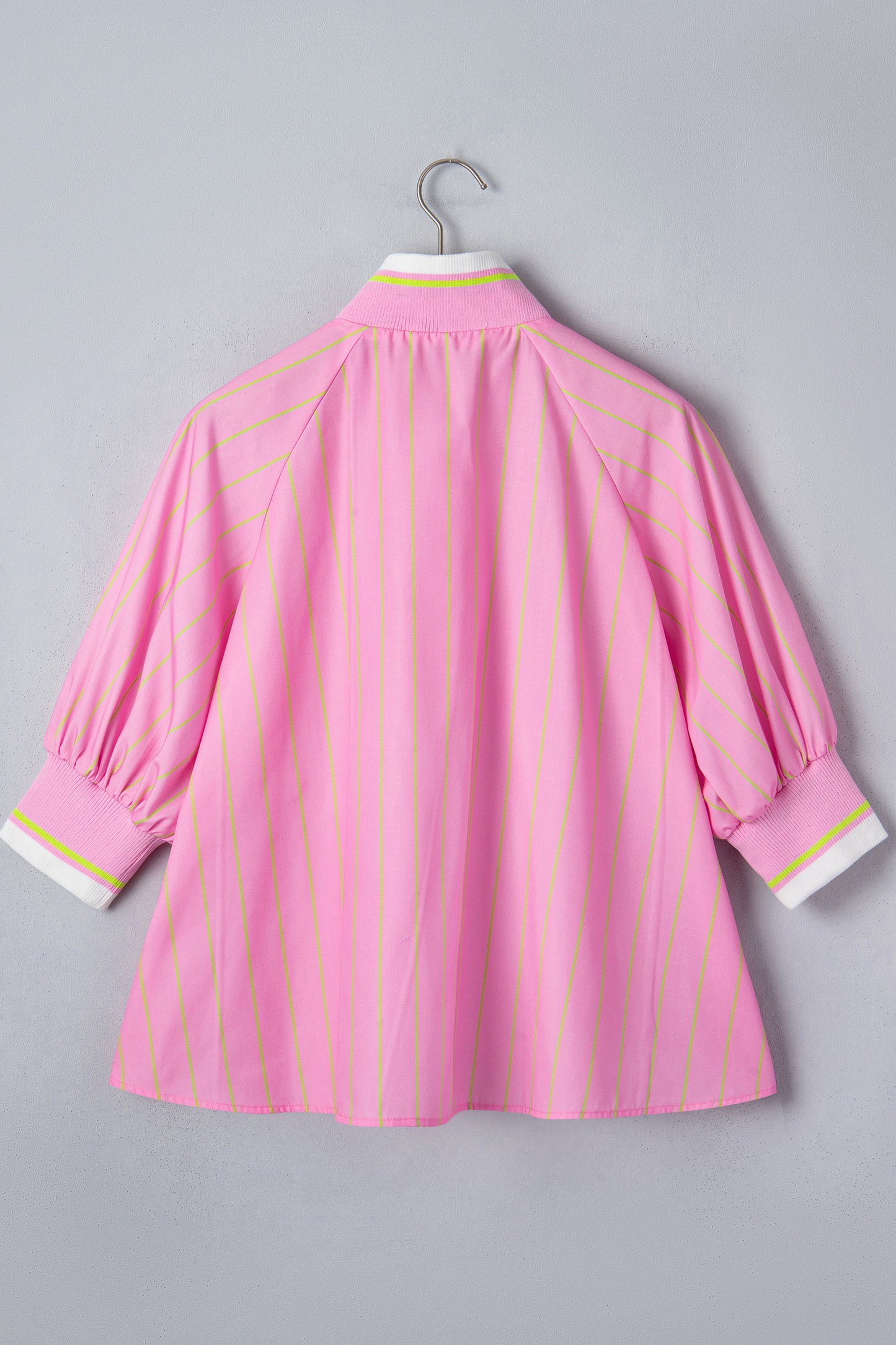 Pink Stripe Half Zip Blouse Puff Sleeve Casual Boutique Top