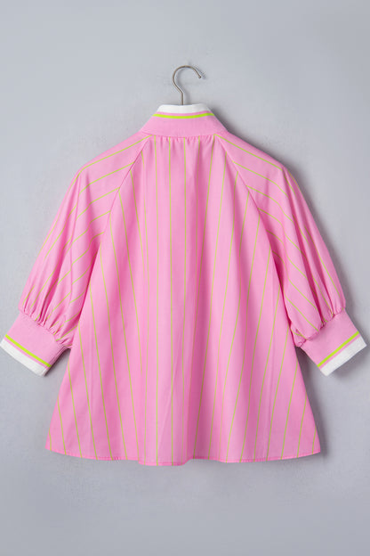 Pink Stripe Half Zip Blouse Puff Sleeve Casual Boutique Top