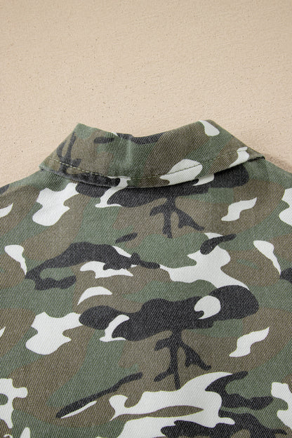 Green Camo Loose Denim Jacket with Chest Pockets