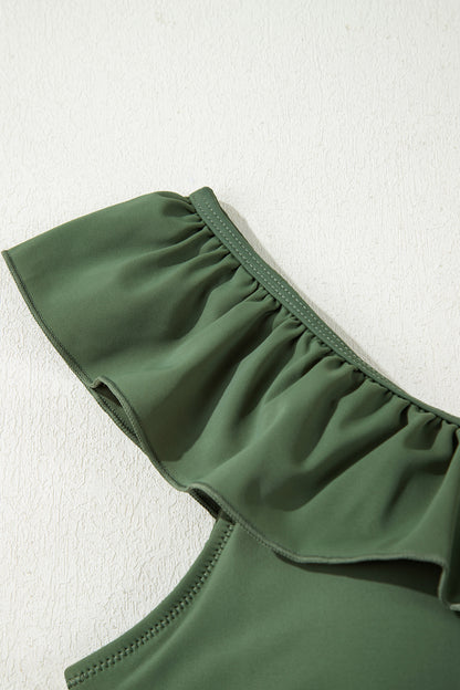 Mist Green Solid Color Ruffle Trim Asymmetric Neck One Piece Swimsuit