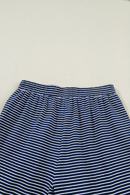 Blue Striped Long Sleeve Top and Buttoned Shorts Lounge Set