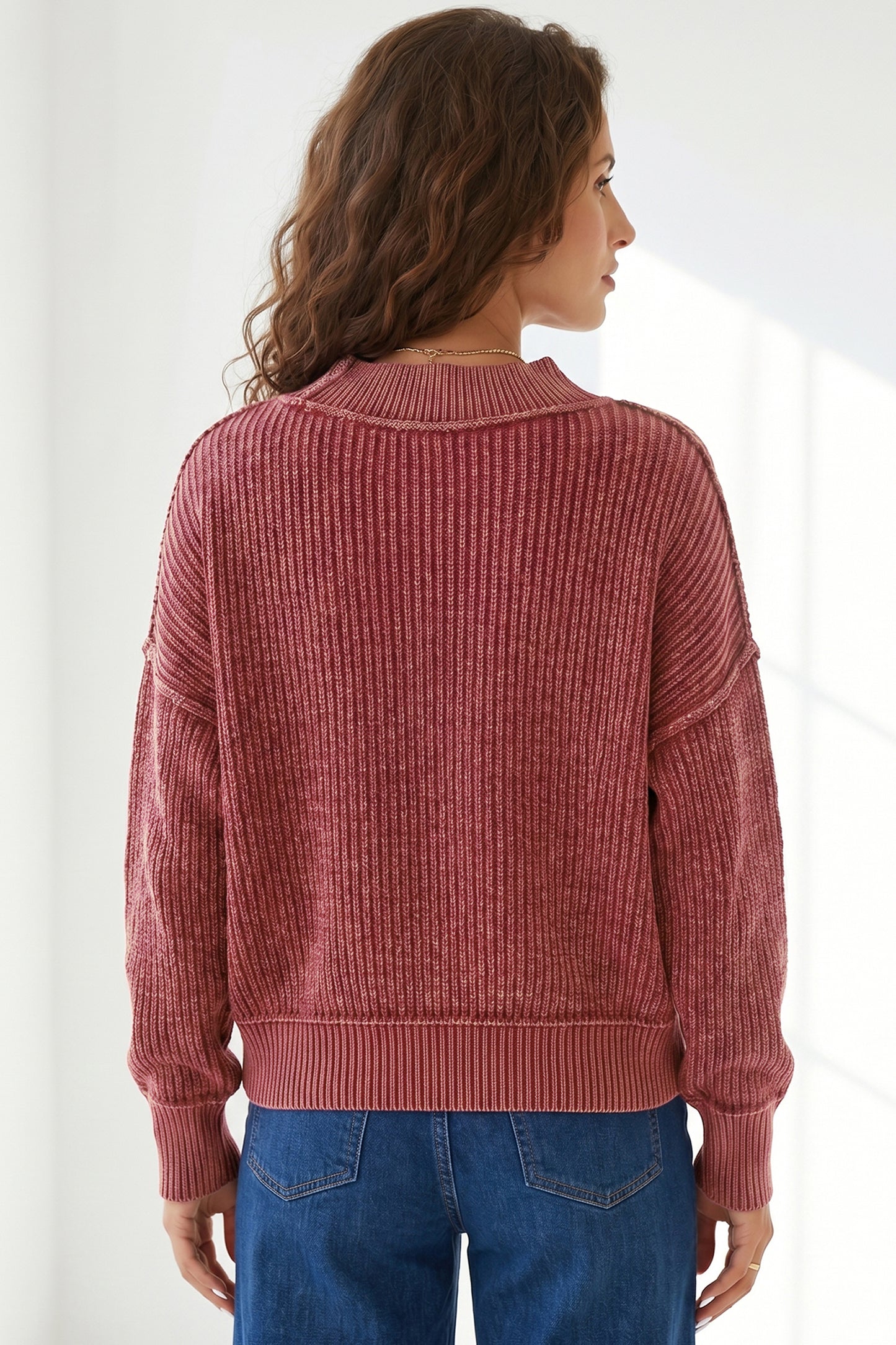 Red Ribbed Mock Neck Drop Shoulder Sweater