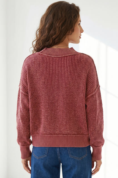 Red Ribbed Mock Neck Drop Shoulder Sweater