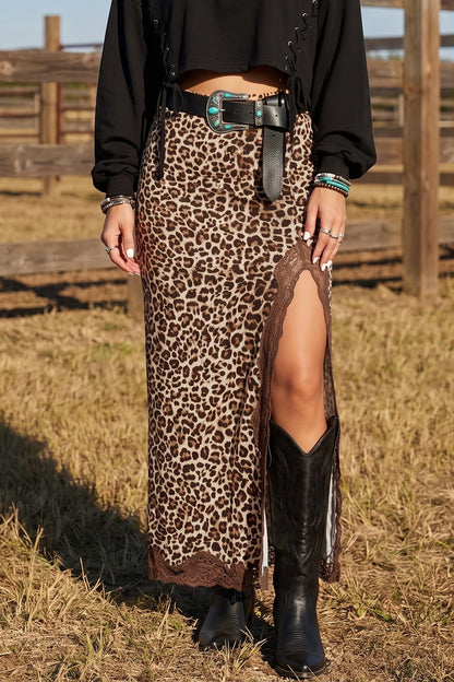Cheetah Print Lace Trim Split Maxi Western Skirt