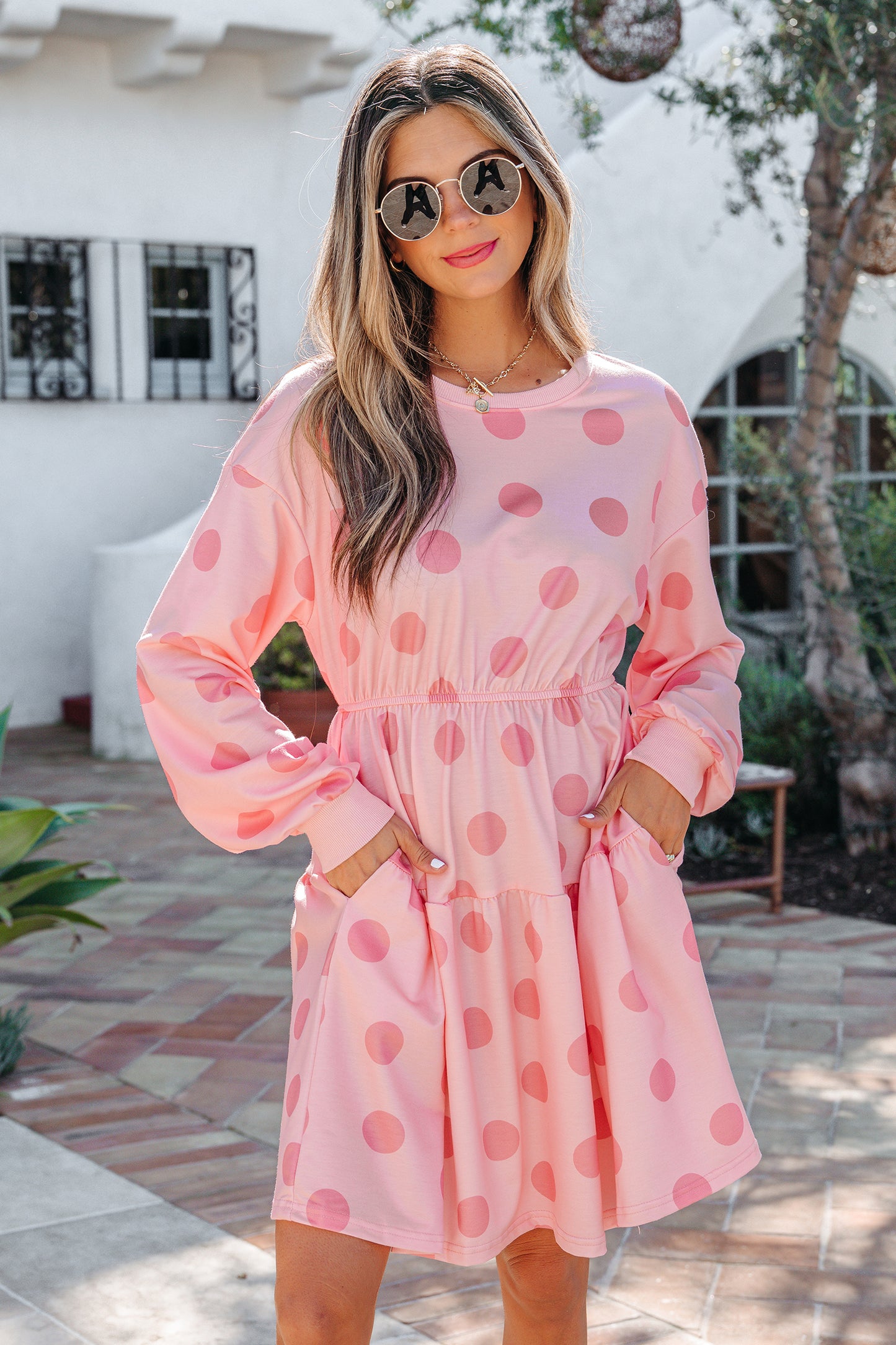 Pink Polka Dot Long Sleeve Tiered Mini Dress