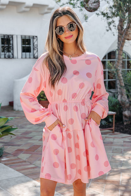 Pink Polka Dot Long Sleeve Tiered Mini Dress