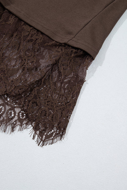 Coffee Solid Color High Neck Lace Splicing Hem Pullover Sweatshirt