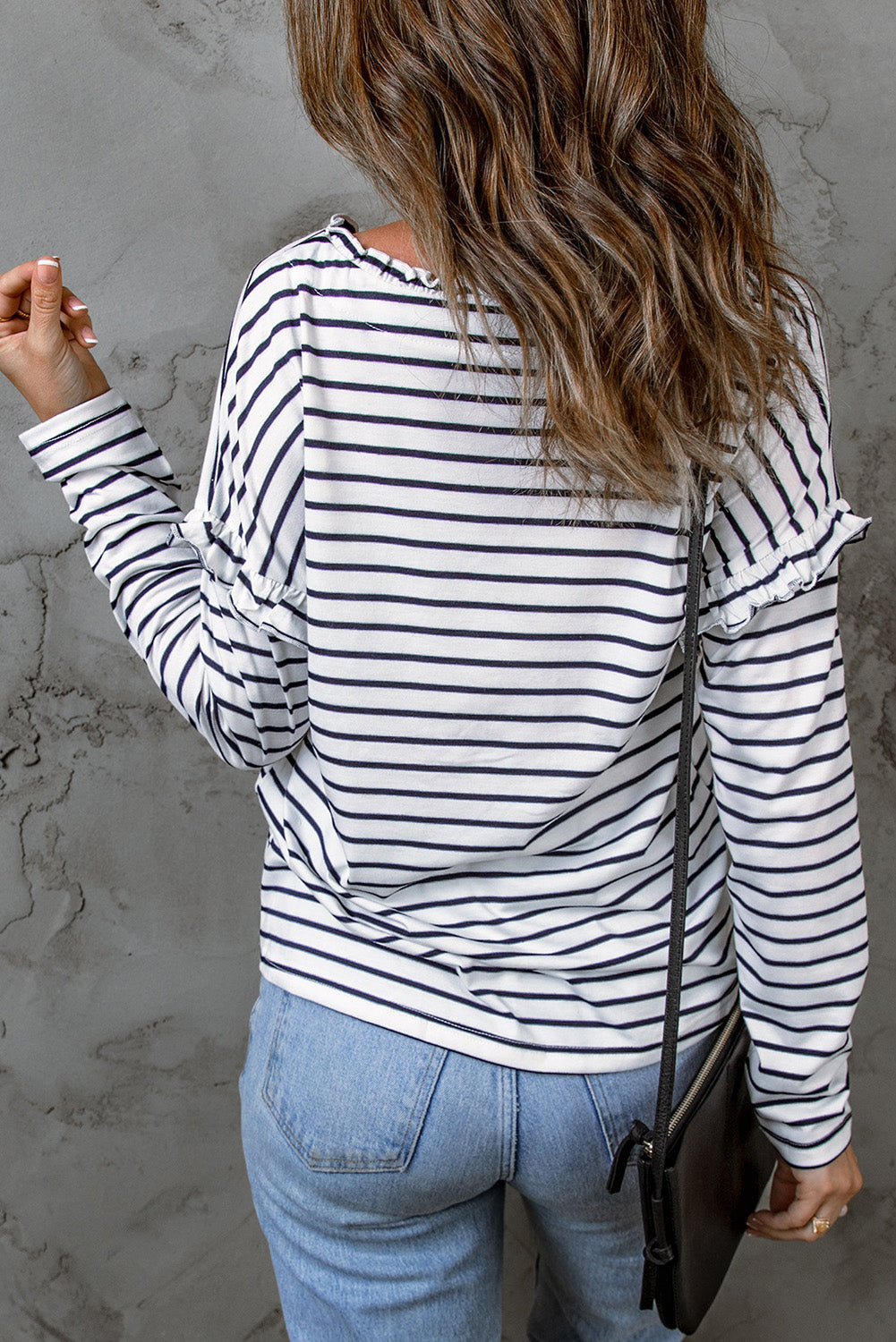 Red Striped Print Ruffled Buttoned Long Sleeve Top