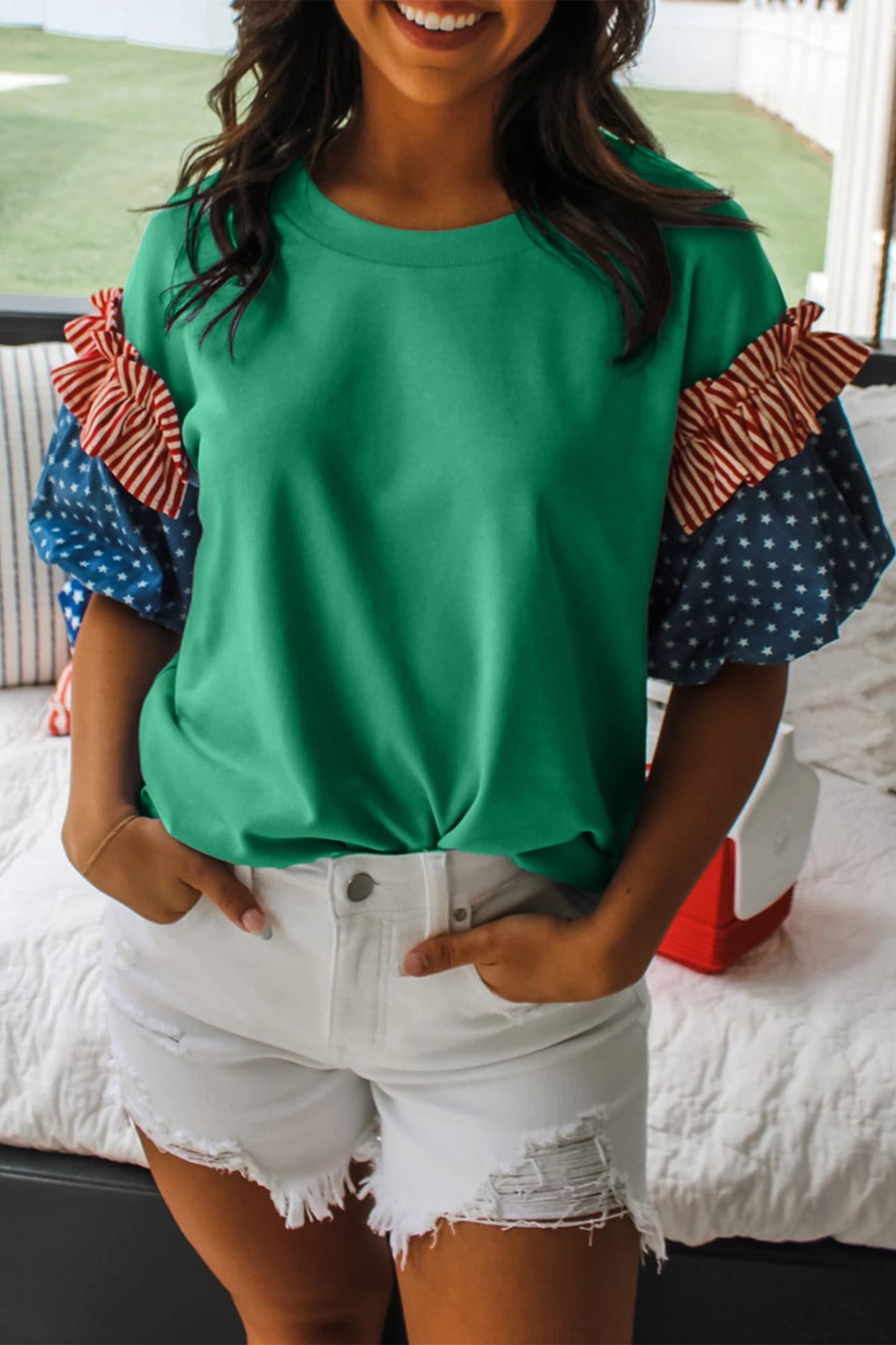 Patriotic Stars and Stripes Puff Sleeve Fourth of July Top