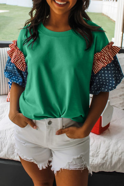 Patriotic Stars and Stripes Puff Sleeve Fourth of July Top