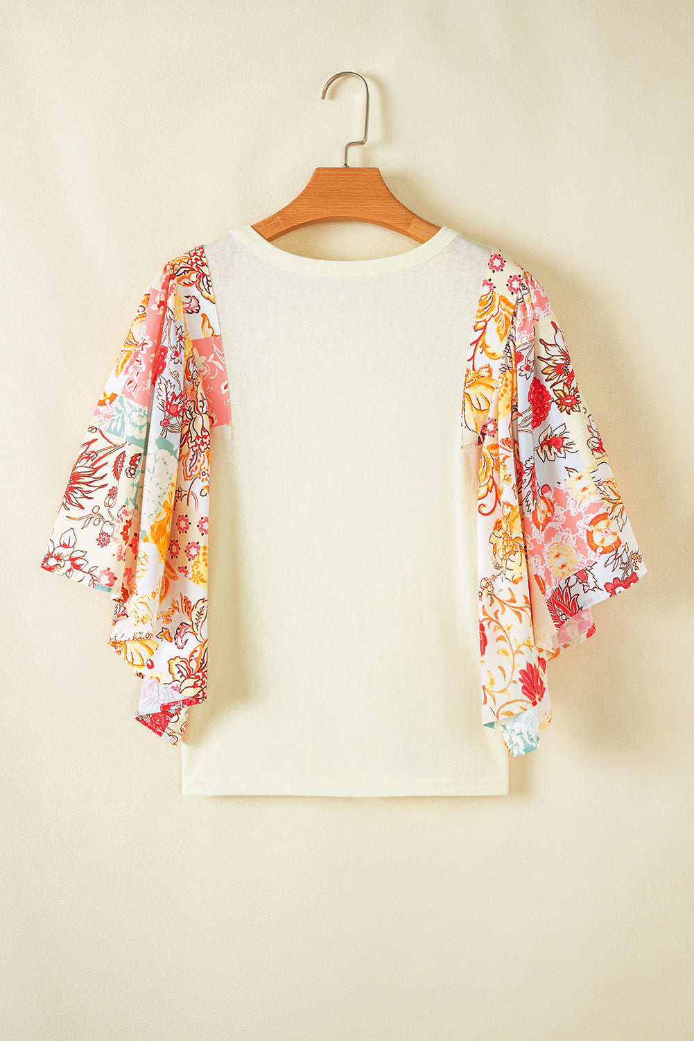 Beige Floral Patchwork Batwing Sleeve Round Neck Blouse