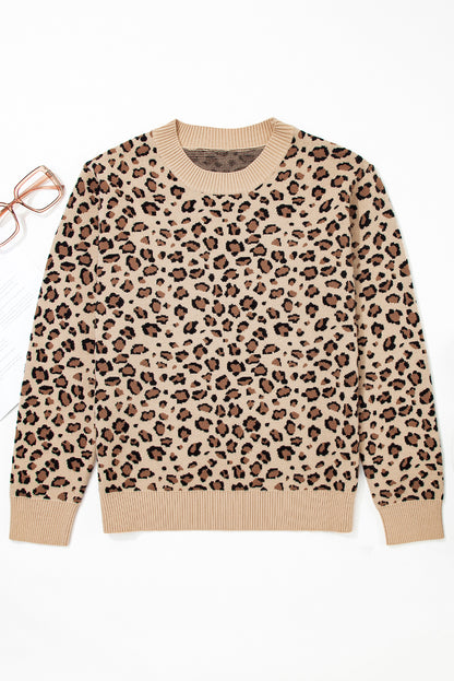 Khaki Leopard Print Crew Neck Long Sleeve Knit Sweater