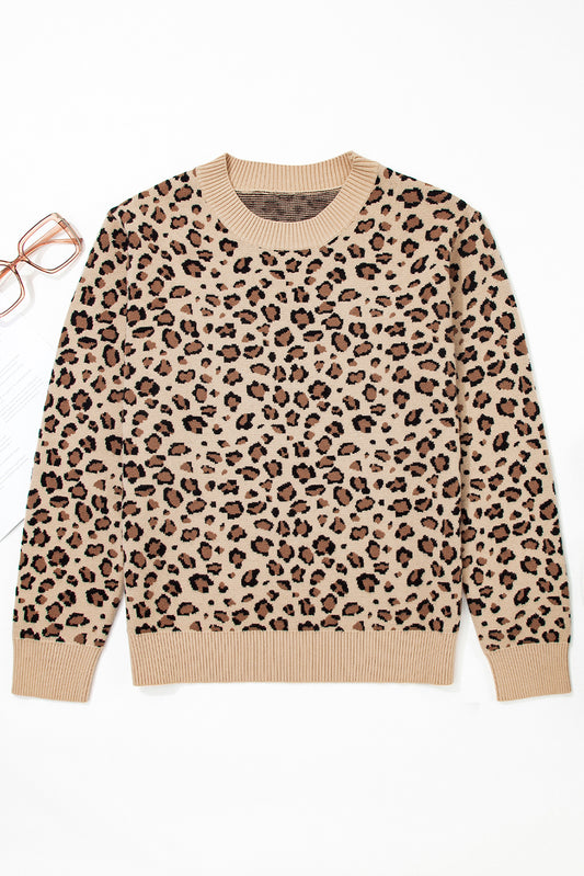 Khaki Leopard Print Crew Neck Long Sleeve Knit Sweater