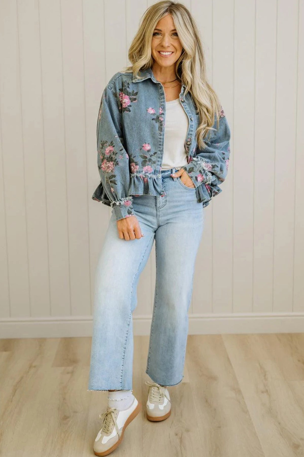 Floral Denim Jacket Ruffle Hem Puff Sleeve Cropped